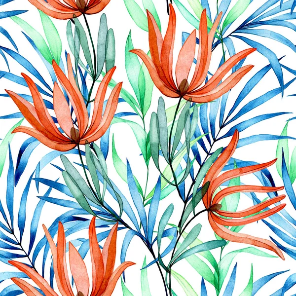 watercolor seamless pattern with tropical flowers and leaves. transparent protea flowers and palm leaves. bright colors red, green, blue, white background