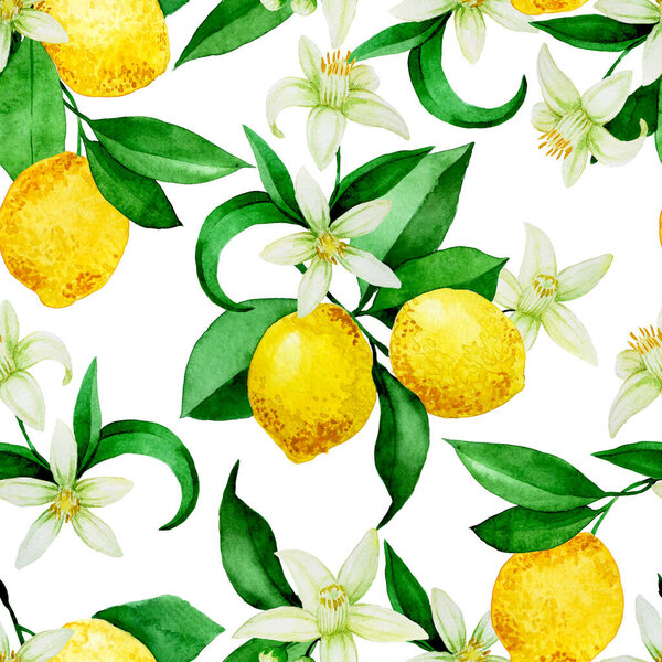 бесшовный акварельный узор с лимонами. желтые лимоны, цветы и листья на белом фоне. винтажная печать