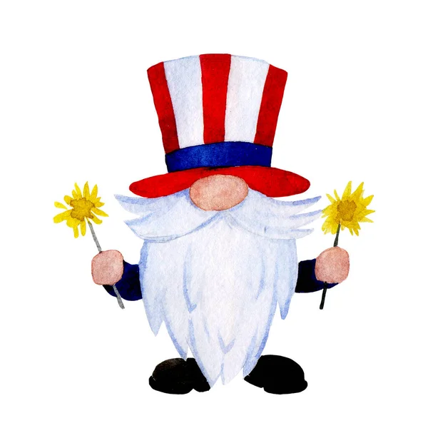 Watercolor Drawing Holiday Independence Day America Usa Cute Leprechaun Character — Stock Photo, Image