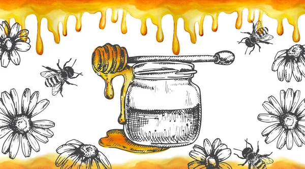 vintage drawing with honeycombs, honey and bees. design for packaging, banner. yellow watercolor honeycombs and graphic ink drawing