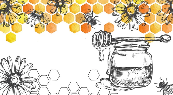vintage drawing with honeycombs, honey and bees. design for packaging, banner. yellow watercolor honeycombs and graphic ink drawing