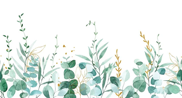 Aquarel Naadloos Patroon Rand Met Groene Eucalyptus Bladeren Gouden Bladeren — Stockfoto