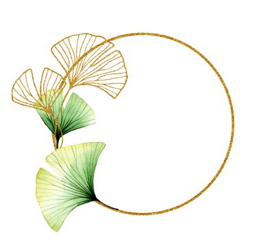 Şeffaf ginkgo yapraklı altın yuvarlak çerçeve. yeşil ve altın tropikal yapraklar, minimal tasarım.