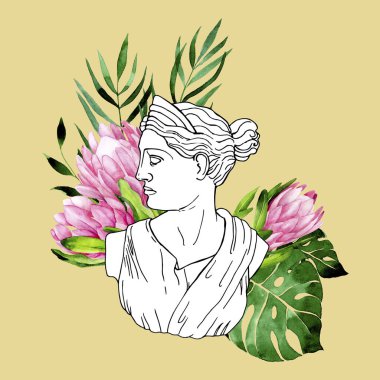 Yeni sanat tarzında izole edilmiş bir Yunan heykeli. Suluboya çiçekleri ve mistik tanrının antika heykellerinin tropikal yapraklarıyla çizilmiş bir çizgi. Yaratıcı tasarım, soyut, kolaj