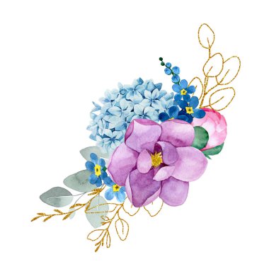 Suluboya çizim. Buket, okaliptüs çiçekleri ve yaprakların bileşimi, altın yapraklar ve elementler. Pembe gül, şakayık, mavi ortanca.