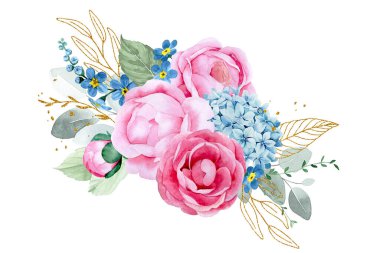 Suluboya çizim. Buket, okaliptüs çiçekleri ve yaprakların bileşimi, altın yapraklar ve elementler. Pembe gül, şakayık, mavi ortanca.