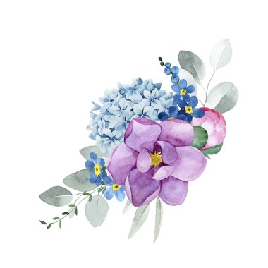 Suluboya çizim. Buket, çiçek ve okaliptüs yapraklı kompozisyon. Pembe şakayık çiçekleri, güller, mavi ortancalar. hassas baskı, eski dekorasyon