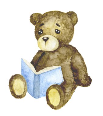 Tatlı suluboya oyuncak ayı çizimi peri masalları kitabı okuyor. Çocuk uykusunun teması, bebeğim. Yatak odası dekorasyonu, çocuk kitabı, kartpostal.