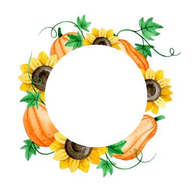 suluboya resim, sonbahar temalı yuvarlak çerçeve, şükran günü, cadılar bayramı. Şirin balkabakları ve ayçiçekleri.