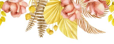 suluboya desen, pürüzsüz sınır, kuru tropikal yapraklar ve boho tarzında çiçekler. Kurumuş çiçekler, palmiye yaprakları, güller