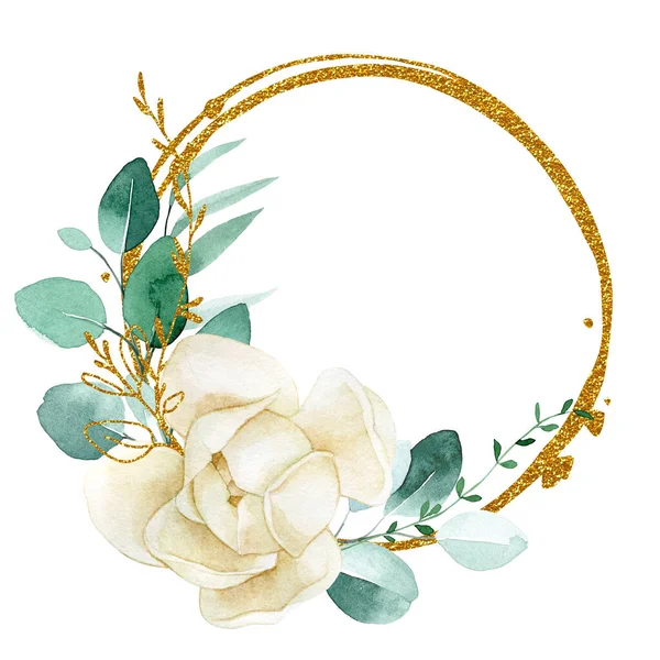 golden round frame with watercolor green eucalyptus leaves and magnolia flowers. abstract frame with splashes of gold and eucalyptus branches