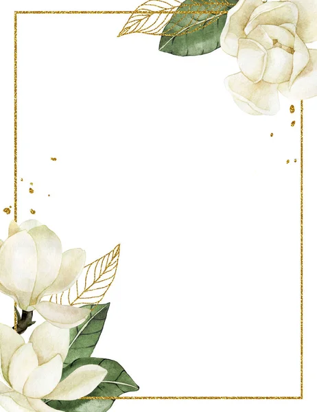 水彩画を描きました 白い花とマグノリアの葉と黄金の要素を備えた長方形のフレーム デリケートなイラストの結婚式の装飾 招待状 カード — ストック写真