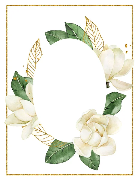 watercolor drawing. oval frame with white flowers and magnolia leaves and golden elements. delicate illustration wedding decor, invitation, card