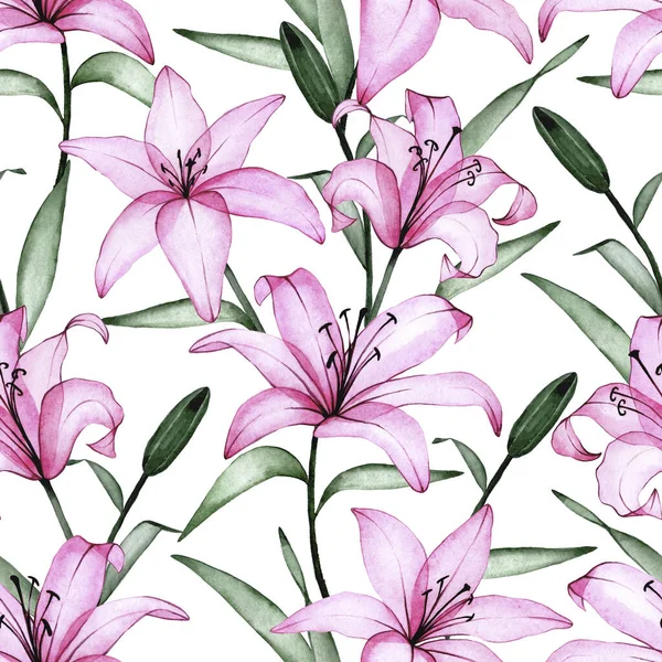 watercolor seamless pattern with transparent lily flowers. pink lily flowers on a white background. transparent flowers x-ray