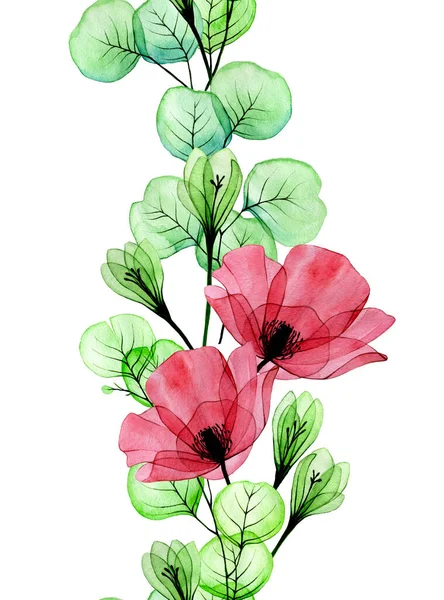 Watercolor Drawing Seamless Border Transparent Flowers Red Poppy Flowers Eucalyptus — Stock Photo, Image
