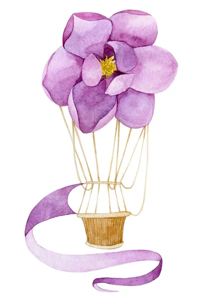 watercolor drawing hot air balloon with flowers. purple magnolia. delicate pattern for girls, gentle balloon print.