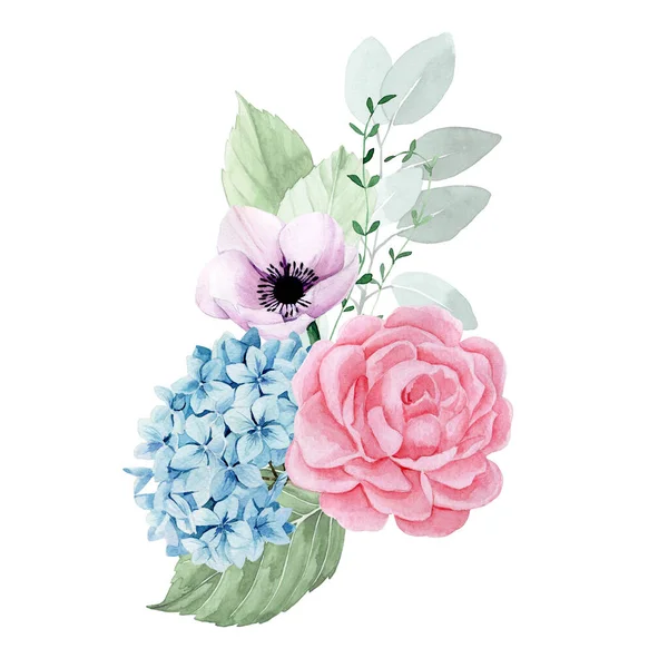 watercolor drawing. bouquet, composition with garden flowers. pink roses, peonies, blue hydrangeas and green eucalyptus leaves. isolated on white background clipart
