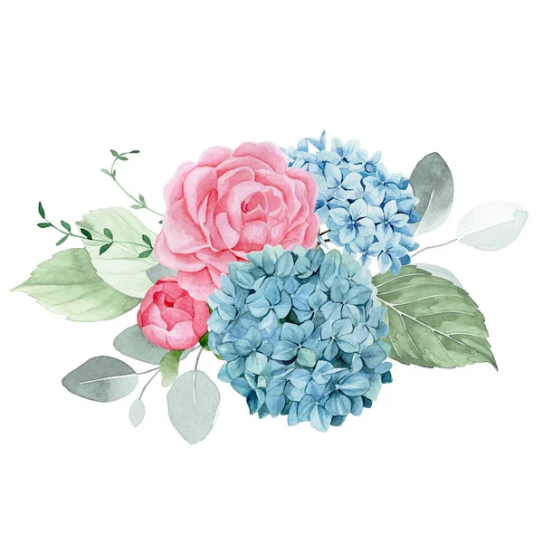 watercolor drawing. bouquet, composition with garden flowers. pink roses, peonies, blue hydrangeas green eucalyptus leaves. isolated on white background clipart