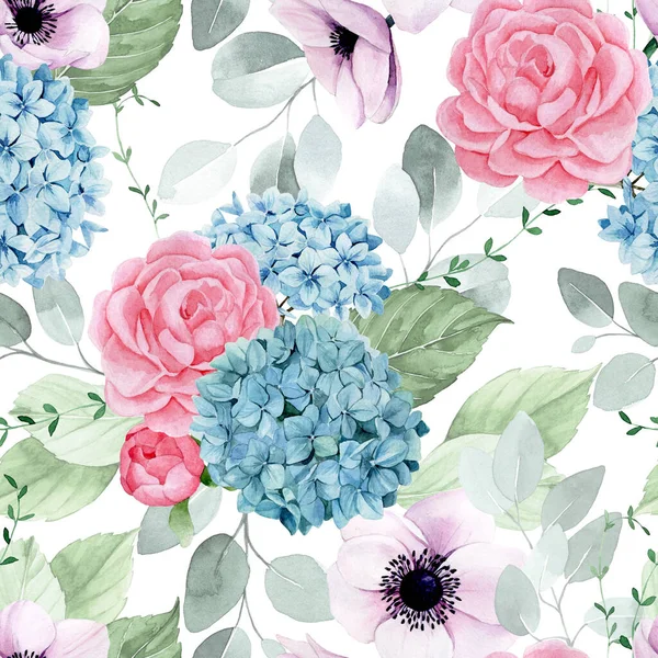 watercolor drawing. seamless pattern with garden flowers. bouquets of pink roses, peonies, blue hydrangeas and purple magnolias and green eucalyptus leaves. isolated on white background vintage print