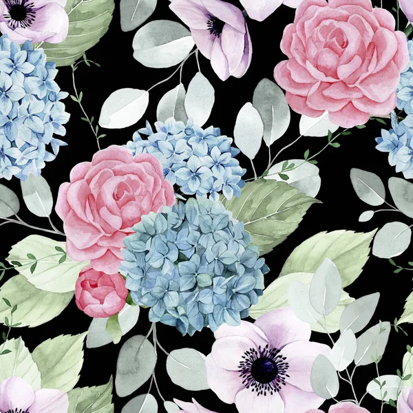 watercolor drawing. seamless pattern with garden flowers. bouquets of pink roses, peonies, blue hydrangeas and purple magnolias and green eucalyptus leaves. isolated on black background vintage print