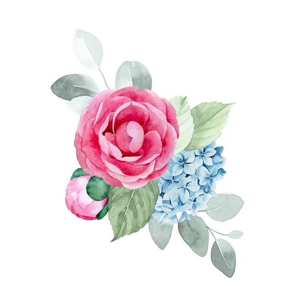 Watercolor Drawing Bouquet Composition Flowers Leaves Eucalyptus Pink Peony Flowers — Stock Photo, Image