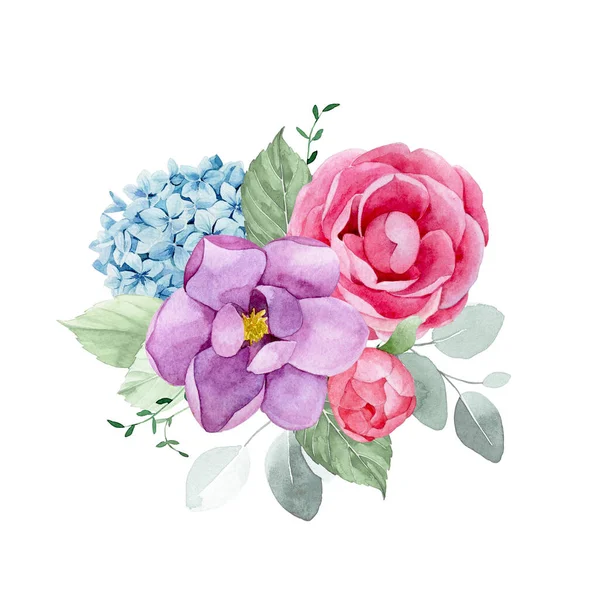 Desenho Aquarela Buquê Composição Com Flores Folhas Eucalipto Flores Cor — Fotografia de Stock