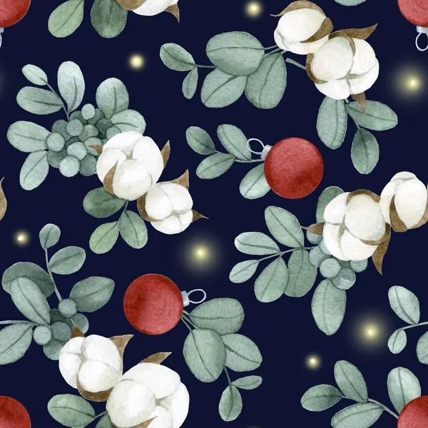 Watercolor Drawing Christmas Seamless Pattern Eucalyptus Leaves Cotton Flowers Christmas — Stock Photo, Image