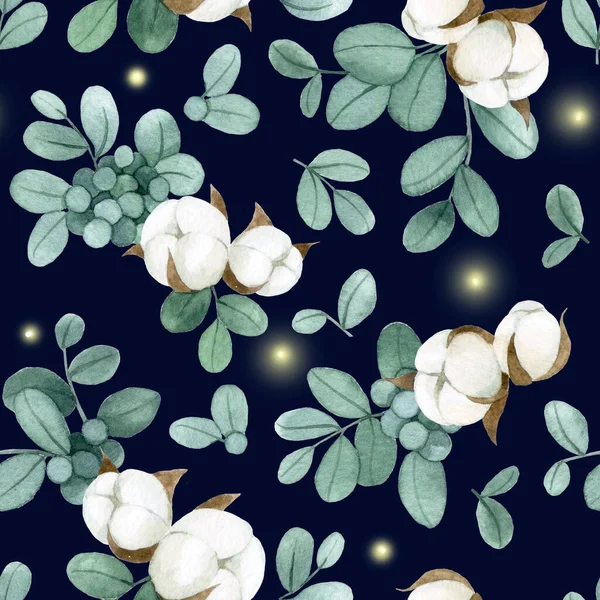 Σχέδιο Ακουαρέλα Αδιάλειπτη Μοτίβο Φύλλα Ευκαλύπτου Και Βαμβακερά Λουλούδια Σκούρο — Φωτογραφία Αρχείου