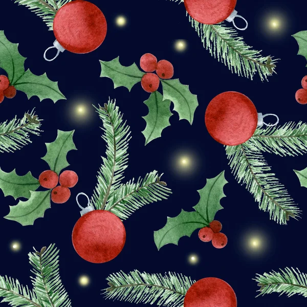 Watercolor Drawing Christmas Seamless Pattern Holly Leaves Fir Branches Christmas — Stock Photo, Image