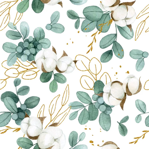 Rysunek Akwareli Bezszwowy Wzór Złotymi Liśćmi Eukaliptusa Kwiatami Bawełny Białym — Zdjęcie stockowe