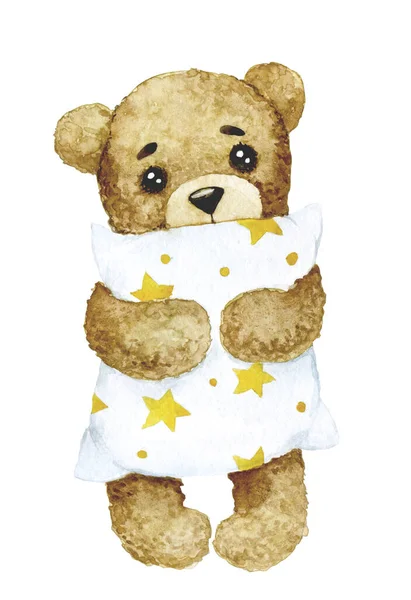 かわいい水彩画は枕が付いているテディのおもちゃを引きます 子供の睡眠のテーマ ベイビー 子供の本 ポストカードのための装飾 — ストック写真