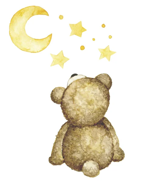 Cute Akwarela Rysunek Pluszowy Miś Zabawka Patrzy Księżyc Gwiazdy Temat — Zdjęcie stockowe