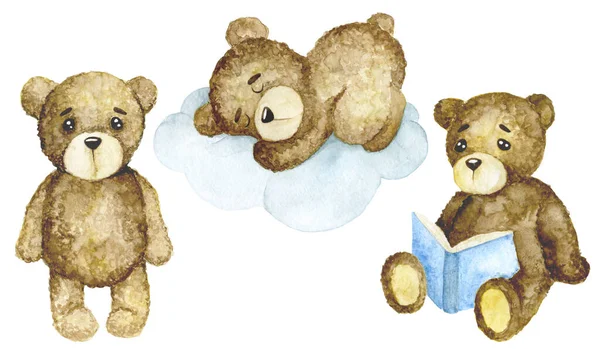 Aquarell Zeichnung Satz Von Niedlichen Charakteren Spielzeug Teddybär Zum Thema — Stockfoto