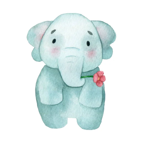 Niedliche Aquarellzeichnung Kleiner Elefant Baby Elefant Mit Blumen Lustige Figur — Stockfoto