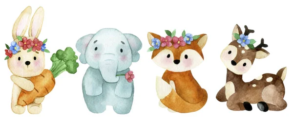 Dibujo Acuarela Conjunto Animales Lindos Con Flores Personajes Para Niños —  Fotos de Stock