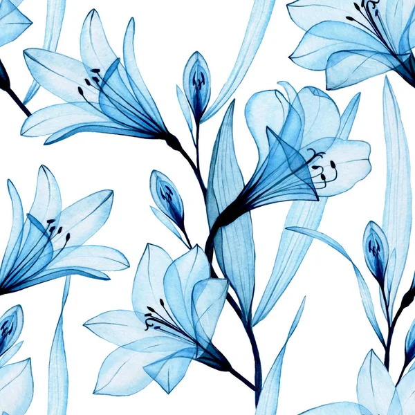 Patrón Sin Costura Acuarela Con Flores Azules Transparentes Alstroemeria Lirio —  Fotos de Stock
