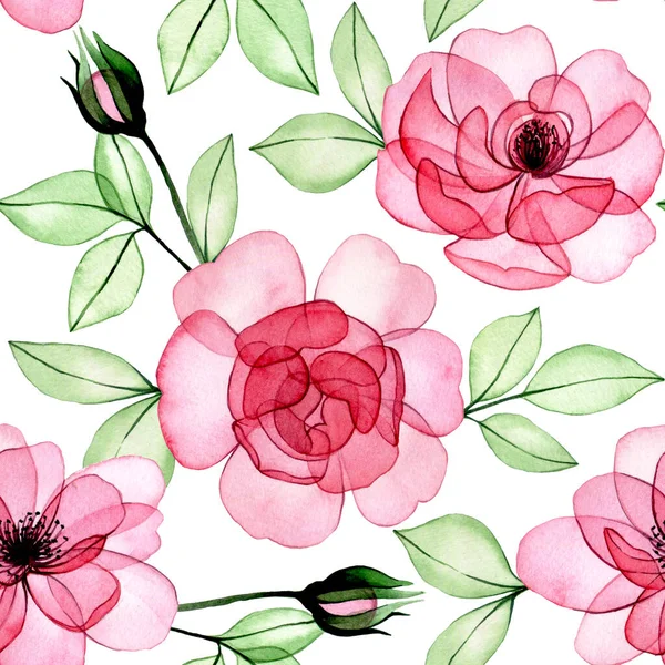 watercolor drawing. seamless pattern of transparent flowers, pink roses, buds and leaves. x-ray, print for fabric, scrapbooking