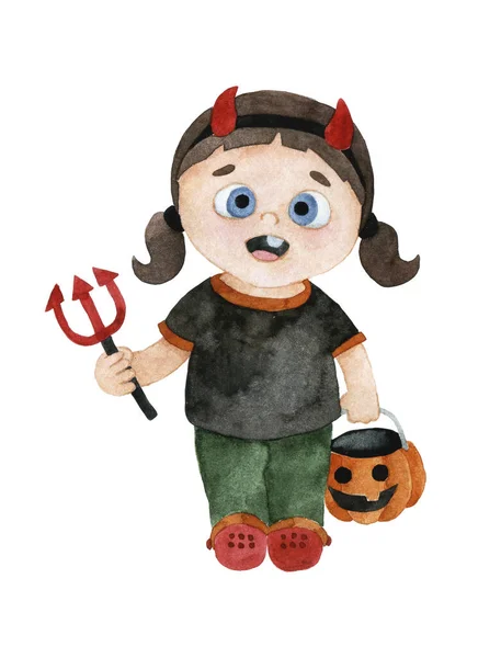 Desenho Aquarela Criança Personagem Bonito Traje Halloween Miúdo Engraçado Festa — Fotografia de Stock