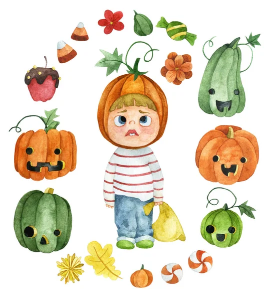Akvarell Rajz Halloween Elemek Aranyos Gyermek Halloween Jelmez Sütőtök Édességek — Stock Fotó