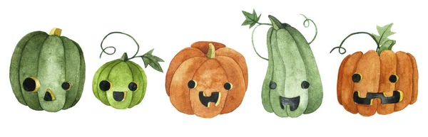 Akvarell Rajz Aranyos Halloween Sütőtök Zöld Narancs Tök Vicces Arcok — Stock Fotó
