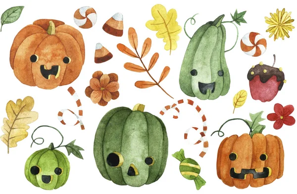 Dibujo Acuarela Calabazas Halloween Lindo Caramelos Flores Otoño Hojas Decoraciones —  Fotos de Stock