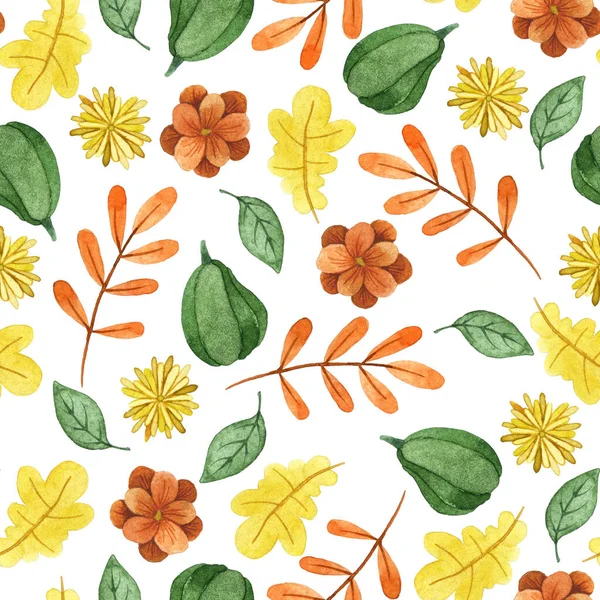 Bezszwowy Wzór Akwareli Jesiennymi Liśćmi Dyniami Kwiatami Ładny Druk Temat — Zdjęcie stockowe
