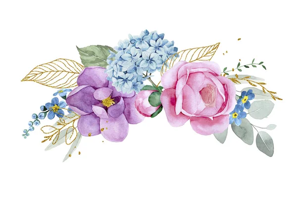 Suluboya Çizim Buket Çiçek Okaliptüs Yapraklı Kompozisyon Pembe Şakayık Çiçekleri — Stok fotoğraf