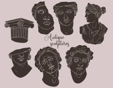 Isolated Greek statues in modern style dark color. Linear vector set of vintage aesthetic antique statues of mystical god. Creative silhouette for poster design, wall clipart