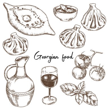 Vektör çizimi, Gürcistan mutfağı seti. Gürcü yemeği, khachapuri, khinkali, şarap ve sos. Çizim çizimi, grafikler, gravür.