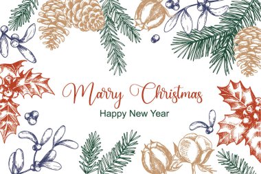 Yılbaşı için tebrik kartı. Klasik dikdörtgen çerçeve, eskiz stili çizim, retro. Noel bitkileri, köknar dalları, koniler, kutsal, ökseotu