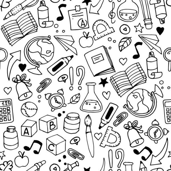 vector seamless pattern on the theme back to school. doodle style drawing, cute simple illustrations, school, study.