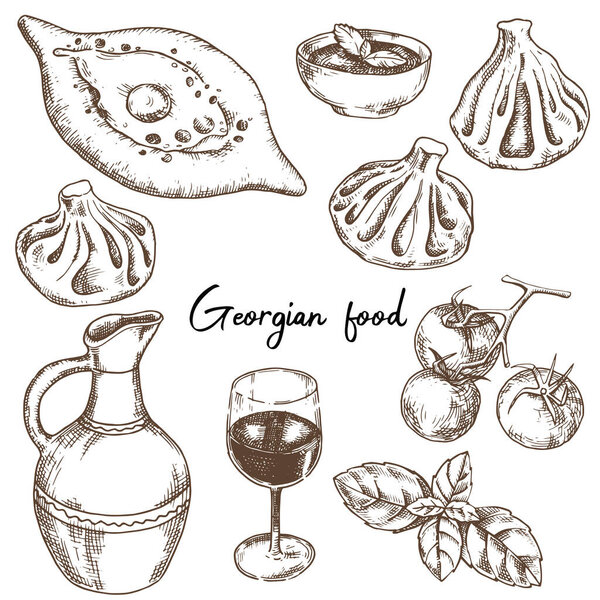vector drawing, set of dishes of Georgian cuisine. Georgian food, khachapuri, khinkali, wine and sauce. Sketch illustration, graphics, engraving.