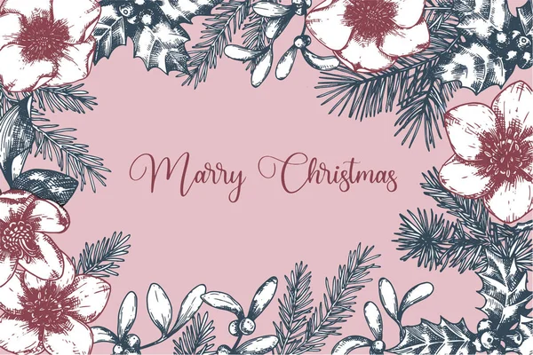 Grußkarte Weihnachten Vintage Rechteckrahmen Skizzenzeichnung Retro Weihnachtspflanzen Tannenzweige Zapfen Stechpalme — Stockvektor