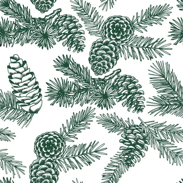 Nahtloses Weihnachtsmuster Vintage Zeichnung Skizzenstil Fichtenzweige Und Zapfen Weihnachtsbaum — Stockvektor